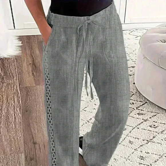 Dark Grey Casual Women's Drawstring Side Splicing Lace Trim Wide Leg Pants - Picture 1 of 4